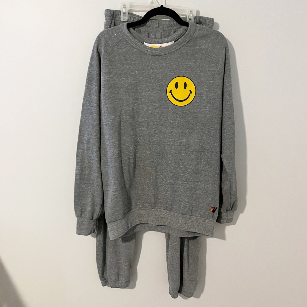 Aviator Nation Smiley Face Grey Sweatshirt and Joggers Set XL Womens Loungewear